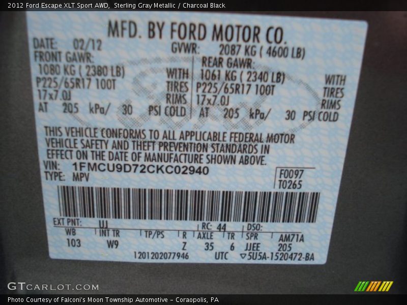 Sterling Gray Metallic / Charcoal Black 2012 Ford Escape XLT Sport AWD