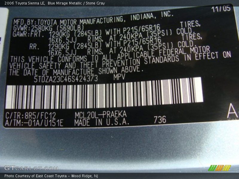 Blue Mirage Metallic / Stone Gray 2006 Toyota Sienna LE