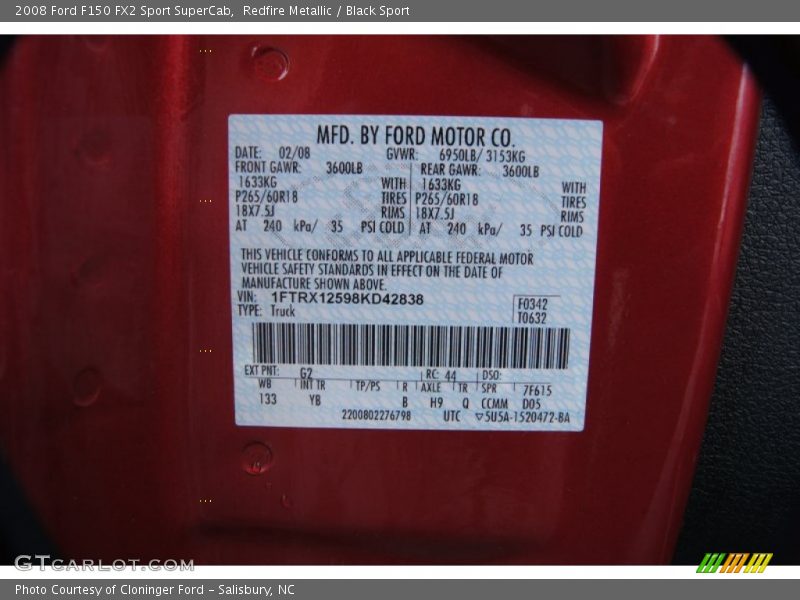 2008 F150 FX2 Sport SuperCab Redfire Metallic Color Code G2