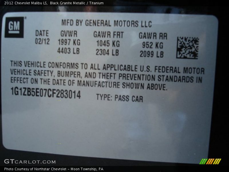 Black Granite Metallic / Titanium 2012 Chevrolet Malibu LS