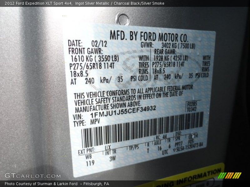2012 Expedition XLT Sport 4x4 Ingot Silver Metallic Color Code UX