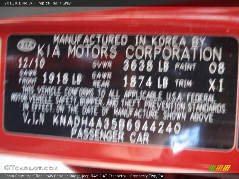 Tropical Red / Gray 2011 Kia Rio LX