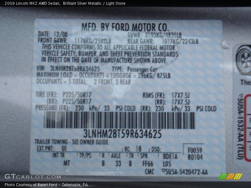 2009 MKZ AWD Sedan Brilliant Silver Metallic Color Code UI