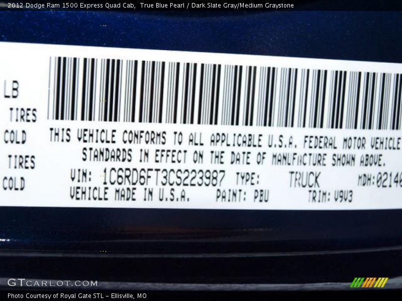 2012 Ram 1500 Express Quad Cab True Blue Pearl Color Code PBU