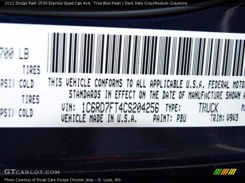 2012 Ram 1500 Express Quad Cab 4x4 True Blue Pearl Color Code PBU