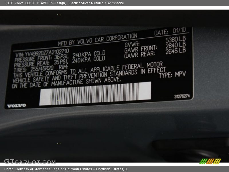 Electric Silver Metallic / Anthracite 2010 Volvo XC60 T6 AWD R-Design