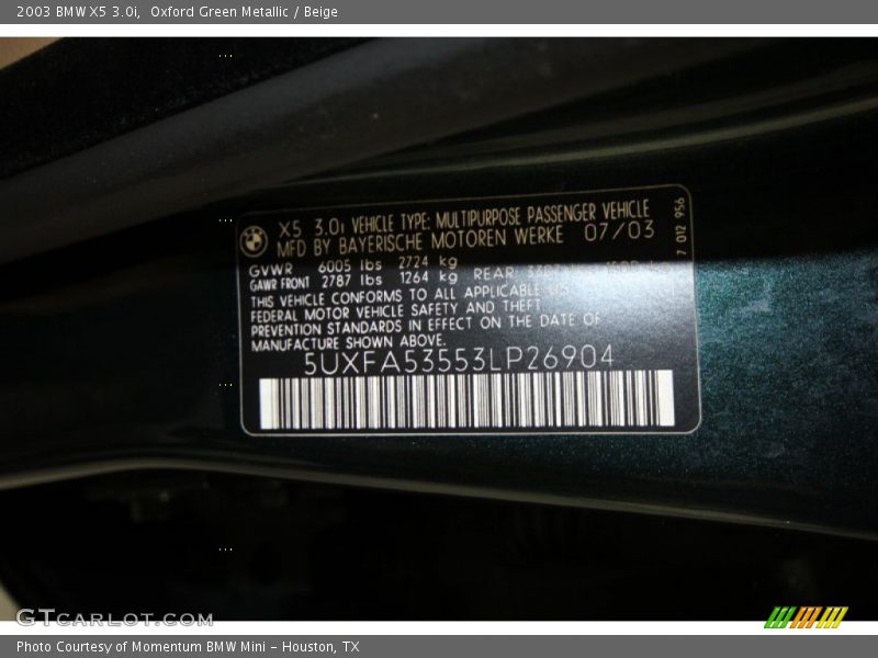 Oxford Green Metallic / Beige 2003 BMW X5 3.0i