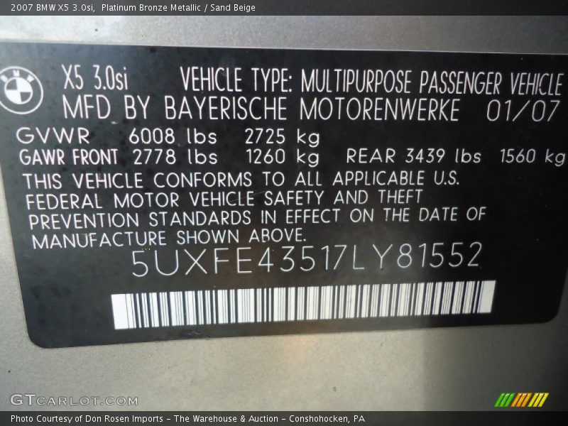 Platinum Bronze Metallic / Sand Beige 2007 BMW X5 3.0si