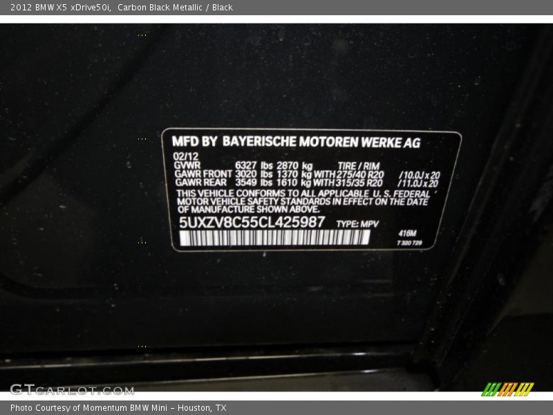 Carbon Black Metallic / Black 2012 BMW X5 xDrive50i