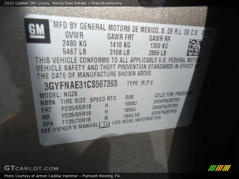 Mocha Steel Metallic / Shale/Brownstone 2012 Cadillac SRX Luxury
