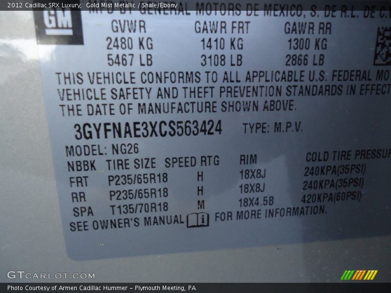 Gold Mist Metallic / Shale/Ebony 2012 Cadillac SRX Luxury