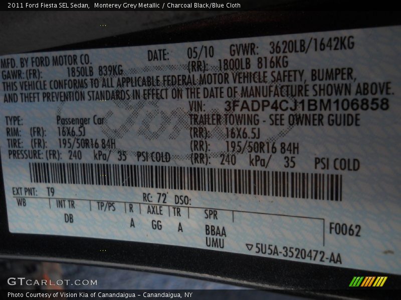 Monterey Grey Metallic / Charcoal Black/Blue Cloth 2011 Ford Fiesta SEL Sedan