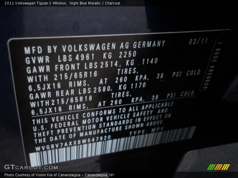Night Blue Metallic / Charcoal 2011 Volkswagen Tiguan S 4Motion