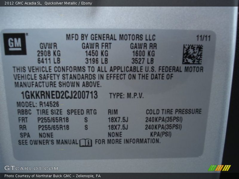 Quicksilver Metallic / Ebony 2012 GMC Acadia SL