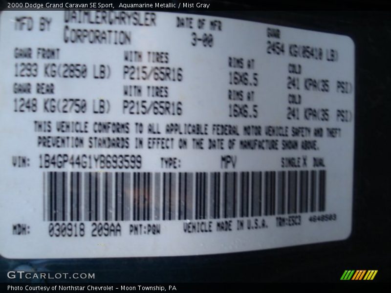 2000 Grand Caravan SE Sport Aquamarine Metallic Color Code PQW