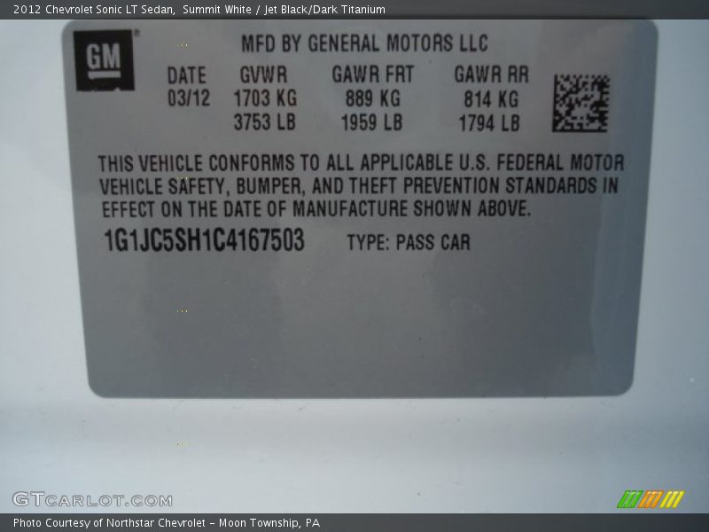 Summit White / Jet Black/Dark Titanium 2012 Chevrolet Sonic LT Sedan