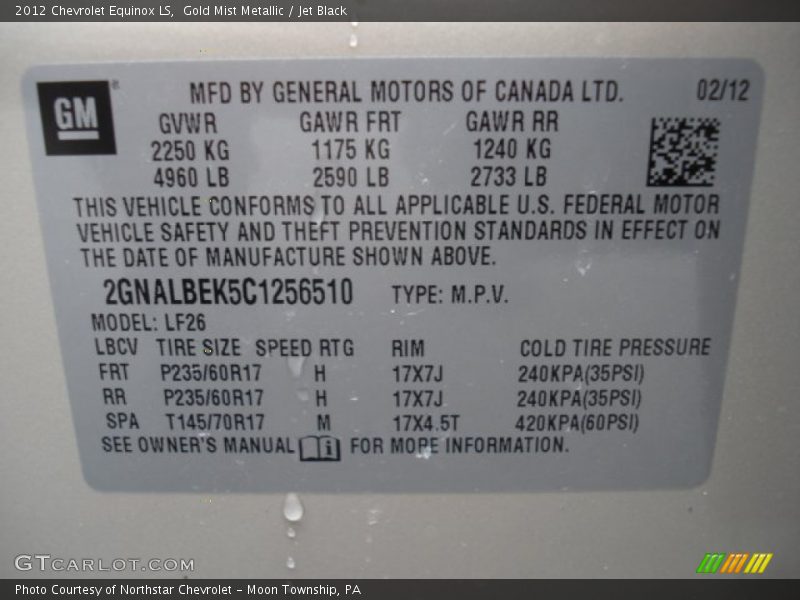 Gold Mist Metallic / Jet Black 2012 Chevrolet Equinox LS