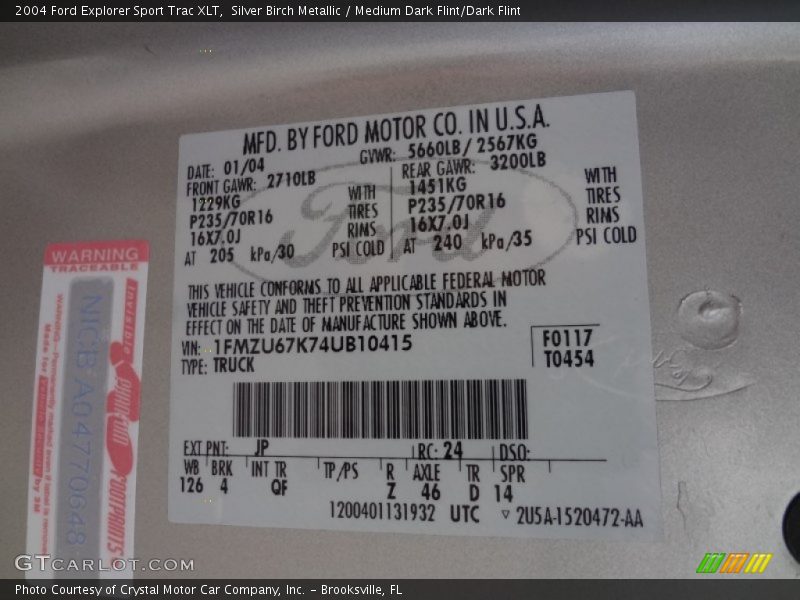 2004 Explorer Sport Trac XLT Silver Birch Metallic Color Code JP