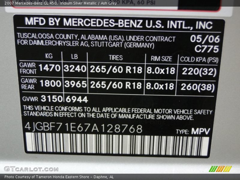 Iridium Silver Metallic / Ash Grey 2007 Mercedes-Benz GL 450