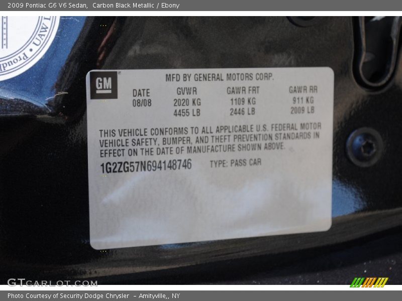 Carbon Black Metallic / Ebony 2009 Pontiac G6 V6 Sedan