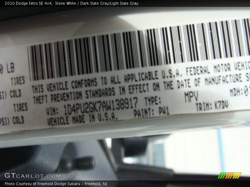 2010 Nitro SE 4x4 Stone White Color Code PW1