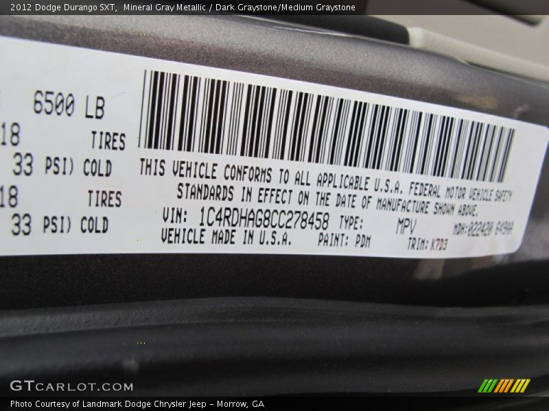 Mineral Gray Metallic / Dark Graystone/Medium Graystone 2012 Dodge Durango SXT