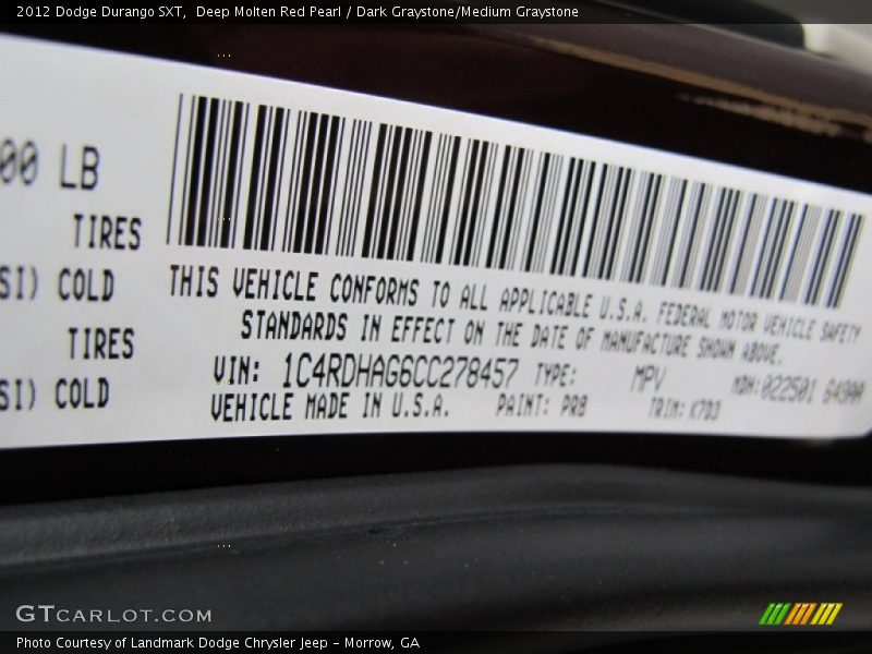 Deep Molten Red Pearl / Dark Graystone/Medium Graystone 2012 Dodge Durango SXT