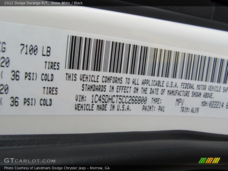 2012 Durango R/T Stone White Color Code PW1