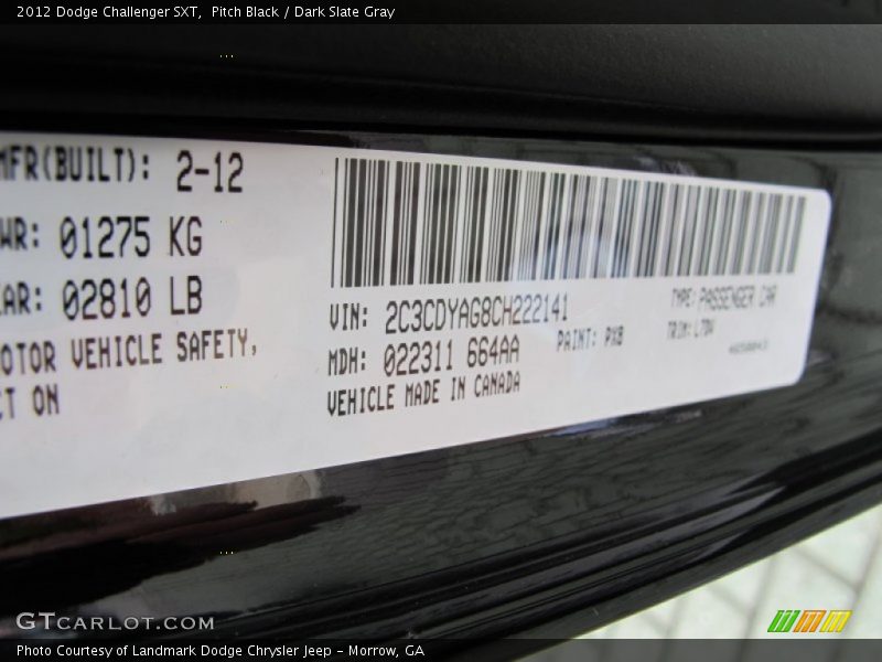 Pitch Black / Dark Slate Gray 2012 Dodge Challenger SXT