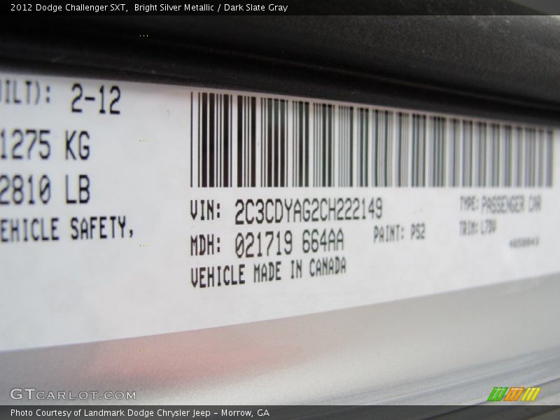 Bright Silver Metallic / Dark Slate Gray 2012 Dodge Challenger SXT