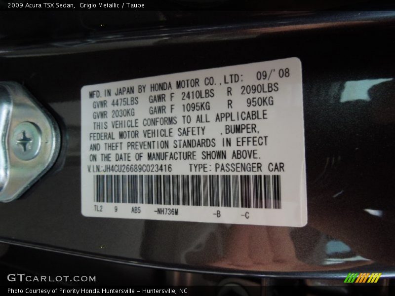 Grigio Metallic / Taupe 2009 Acura TSX Sedan