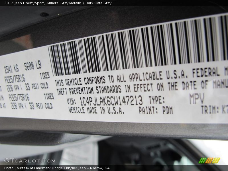 2012 Liberty Sport Mineral Gray Metallic Color Code PDM