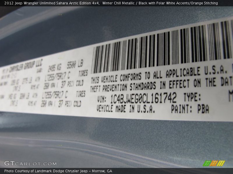 2012 Wrangler Unlimited Sahara Arctic Edition 4x4 Winter Chill Metallic Color Code PBA