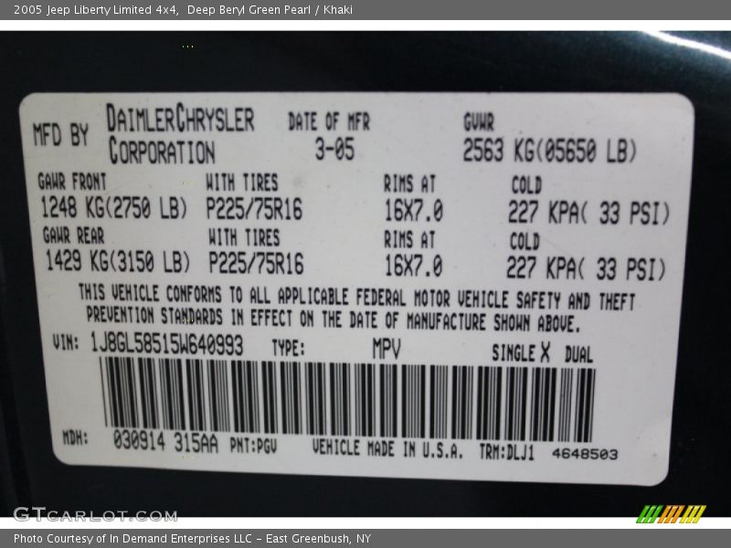 2005 Liberty Limited 4x4 Deep Beryl Green Pearl Color Code PGV