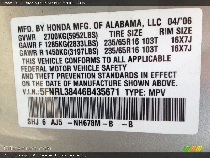 Silver Pearl Metallic / Gray 2006 Honda Odyssey EX