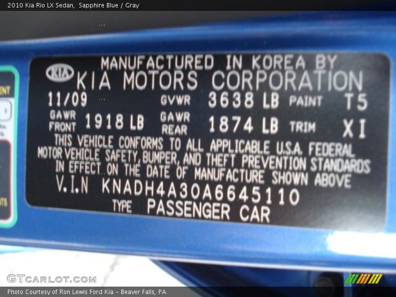 2010 Rio LX Sedan Sapphire Blue Color Code T5