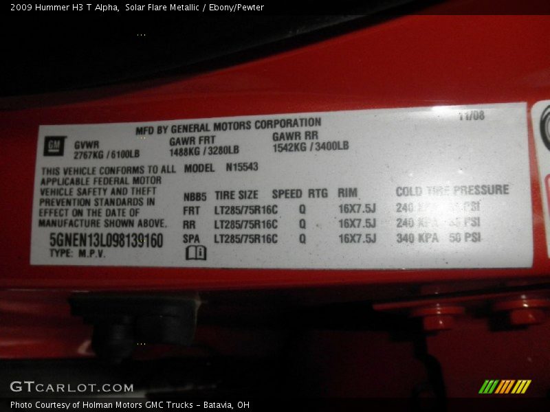Solar Flare Metallic / Ebony/Pewter 2009 Hummer H3 T Alpha