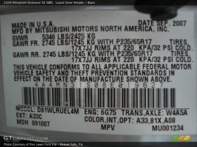 Liquid Silver Metallic / Black 2008 Mitsubishi Endeavor SE AWD