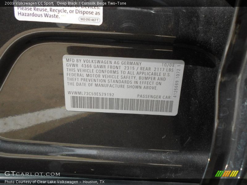 Deep Black / Cornsilk Beige Two-Tone 2009 Volkswagen CC Sport