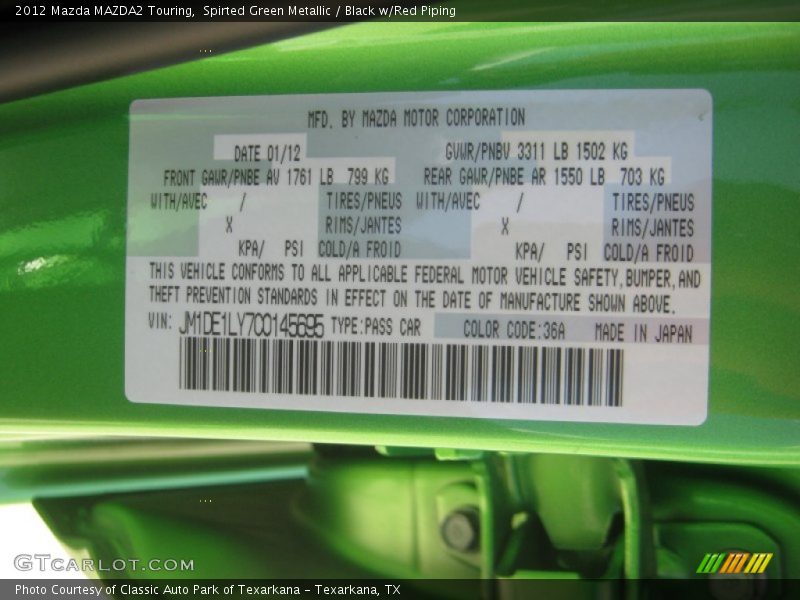 2012 MAZDA2 Touring Spirted Green Metallic Color Code 36A