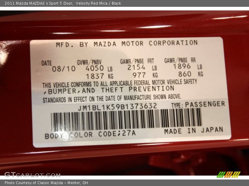 Velocity Red Mica / Black 2011 Mazda MAZDA3 s Sport 5 Door