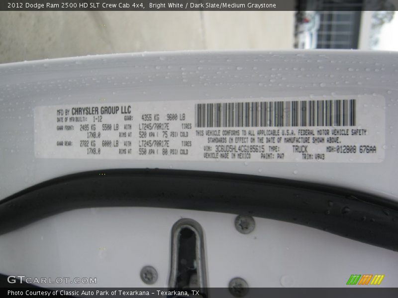 Bright White / Dark Slate/Medium Graystone 2012 Dodge Ram 2500 HD SLT Crew Cab 4x4