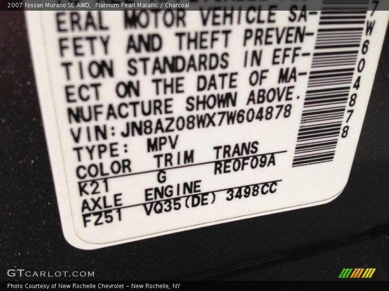 Platinum Pearl Matallic / Charcoal 2007 Nissan Murano SE AWD