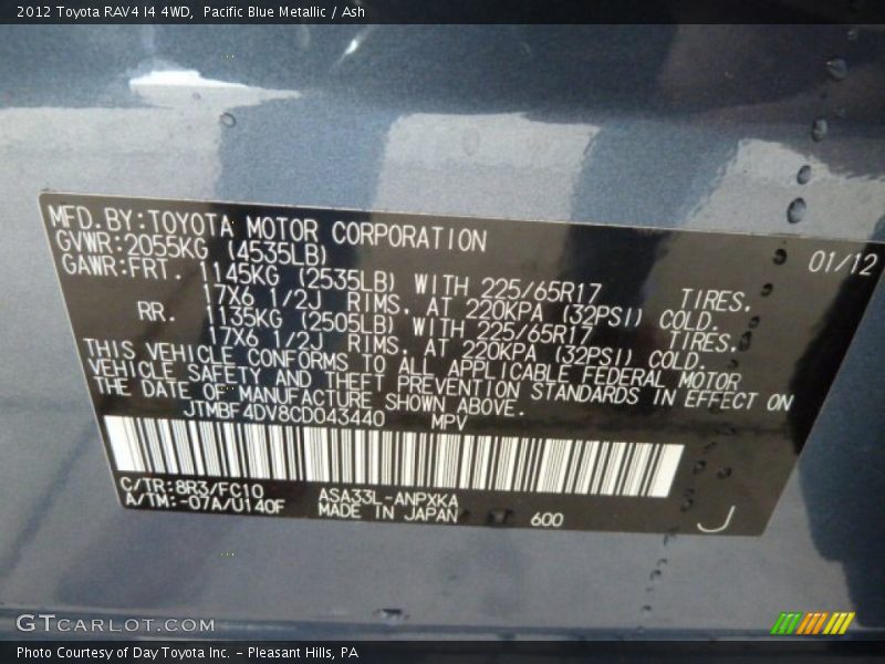 Pacific Blue Metallic / Ash 2012 Toyota RAV4 I4 4WD