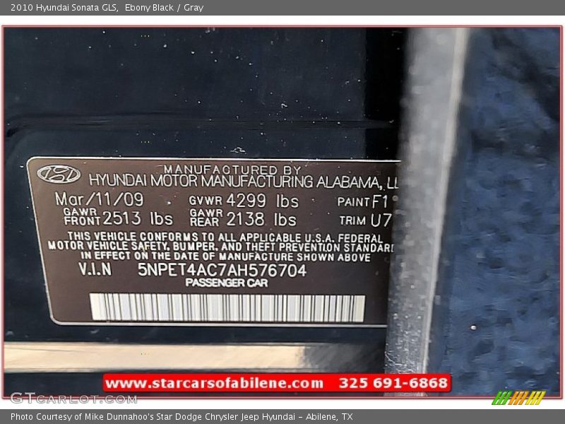 Ebony Black / Gray 2010 Hyundai Sonata GLS