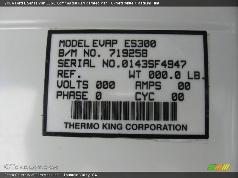 Info Tag of 2004 E Series Van E350 Commercial Refrigerated Van