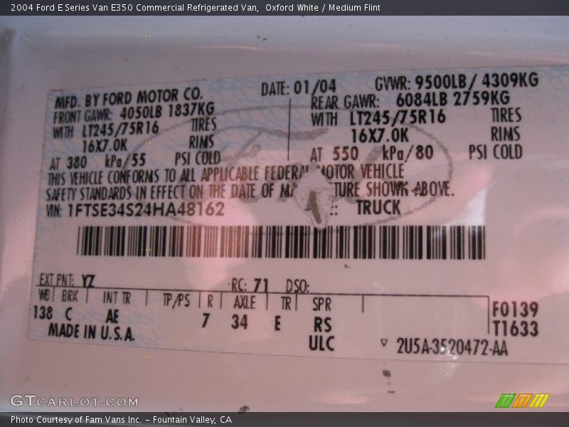 2004 E Series Van E350 Commercial Refrigerated Van Oxford White Color Code YZ