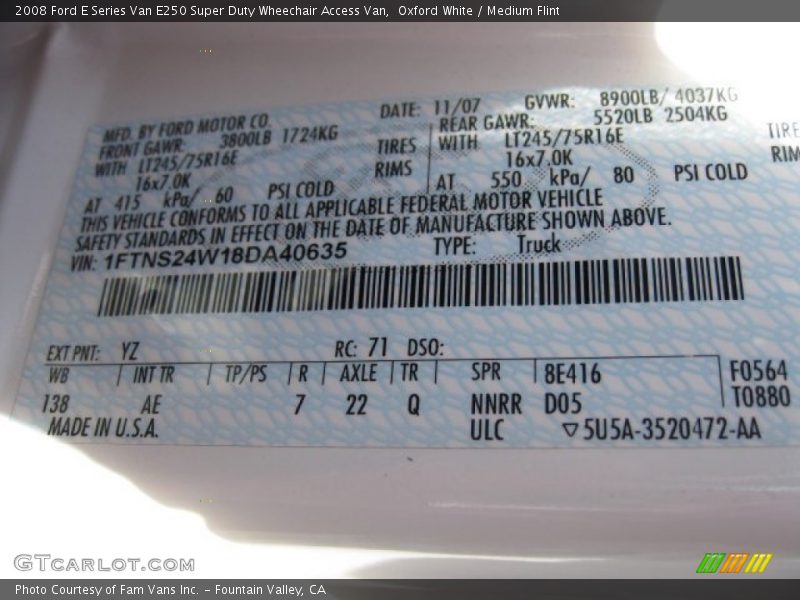 Oxford White / Medium Flint 2008 Ford E Series Van E250 Super Duty Wheechair Access Van