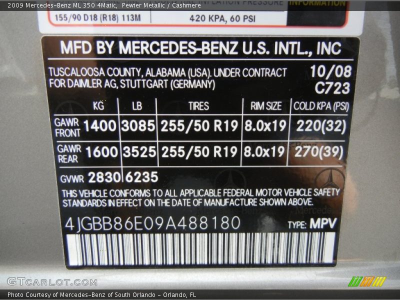 2009 ML 350 4Matic Pewter Metallic Color Code 723