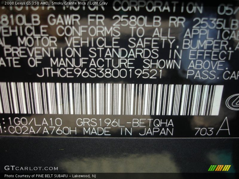 2008 GS 350 AWD Smoky Granite Mica Color Code 1G0